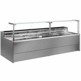 DIAMOND - Comptoir vitrine réfrigéré à vitre droite 90° sur pistons ventilé avec réserve gris L. 3000 mm
