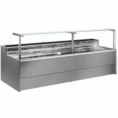 DIAMOND - Comptoir vitrine réfrigéré à vitre droite 90° sur pistons ventilé avec réserve gris L. 3000 mm