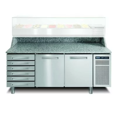 AFINOX - Meuble de préparation pizza dessus granit et dosseret 2 portes + 6 tiroirs neutres