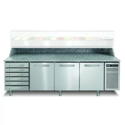 AFINOX - Meuble de préparation pizza dessus granit et dosseret 3 portes + 6 tiroirs neutres