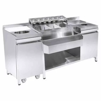COMBISTEEL - Cocktails bar station incl. évier, lave-verres, bacs gn, speedrail porte-bouteilles, planche à découper et poubelle