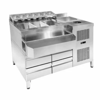 COMBISTEEL - Cocktails bar station réfrigérée incl. évier, lave-verres, bacs GN, speedrail porte-bouteilles