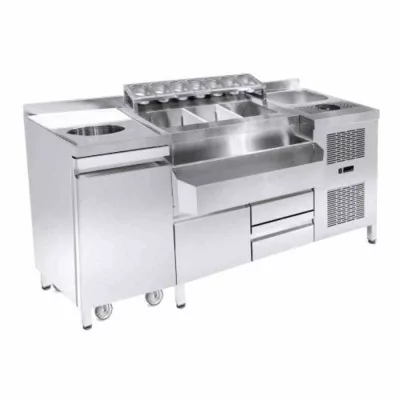 COMBISTEEL - Cocktails bar réfrigérée incl. évier, lave-verres, bacs GN, porte-bouteilles, planche à découper, poubelle