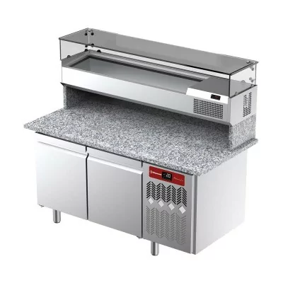 DIAMOND - Déclassé - Table réfrigérée à pizzas 2 portes avec vitrine réfrigérée et plan de travail en granit