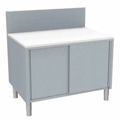 L2G - Meuble de découpe fromage surbaisse inox dessus poly blanc épaisseur 20 mm portes coulissantes