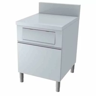 L2G - Meuble poubelle inox 304 tiroir coulissant+volet basculant dessus inox dosseret 150x50 mm