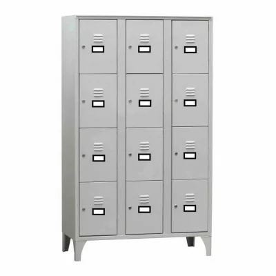 L2G - Armoire vestiaire multicases 3 colonnes 12 cases sur pieds fermeture a clé couleur gris