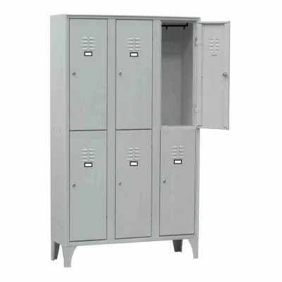 L2G - Armoire vestiaire multicases 3 colonnes 6 cases sur pieds fermeture a clé couleur gris