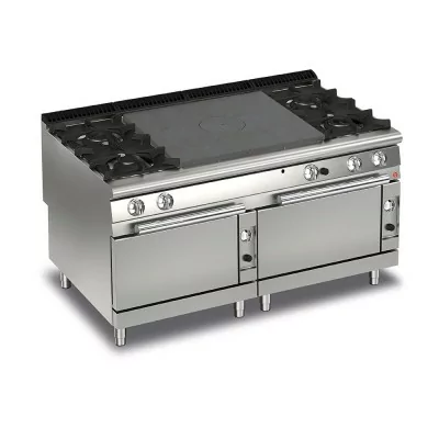 BARON - Fourneau - 4 feux vifs + plaque coup de feu sur 2 fours gaz - Gamme QUEEN 900 - 59 kW