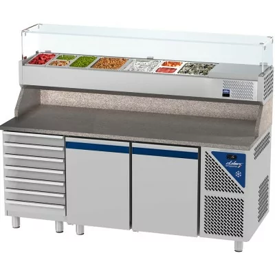 DALMEC - Table à pizza positive 0/+10°C - 396 L - 2 portes pleines - P. 800 - 600x400 - 7 tiroirs - 9 GN 1/4