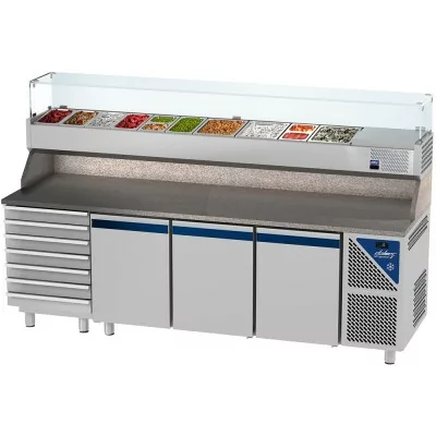 DALMEC - Table à pizza positive 0/+10°C - 606 L - 3 portes + 7 tiroirs - Prof. 800 - 600 x 400