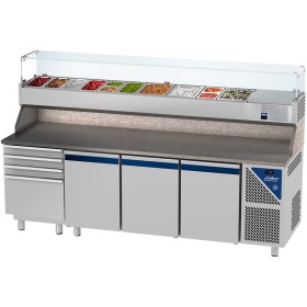 DALMEC - Table à pizza positive 0/+10°C - 606 L - 3 portes pleines - P. 800 - 600x400 - 4 tiroirs - 12 GN 1/3