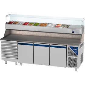 DALMEC - Table à pizza positive 0/+10°C - GN 1/1 - 460 L - 3 portes pleines - Prof. 700 - 7 tiroirs