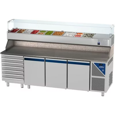 DALMEC - Table à pizza positive 0/+10°C - GN 1/1 - 460 L - 3 portes pleines - Prof. 700 - 7 tiroirs