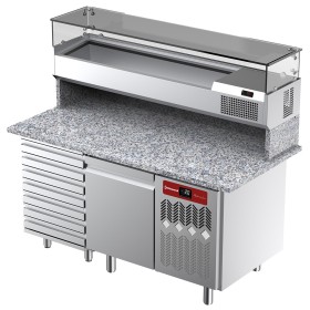DIAMOND - Table frigorifique ventilée 1 porte 7 tiroirs avec vitrine refrigérée 1600x380x410 plan granit 