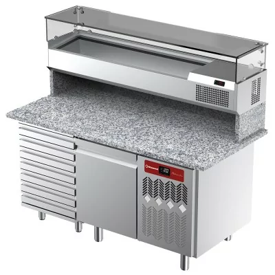 DIAMOND - Table frigorifique ventilée 1 porte 7 tiroirs avec vitrine refrigérée 1600x380x410 plan granit 