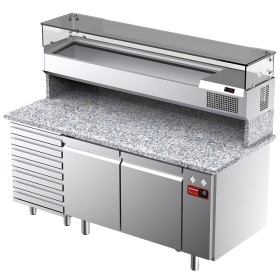 DIAMOND - Table frigorifique ventilée 2 portes 7 tiroirs avec vitrine refrigérée 1800x380x410 plan granit