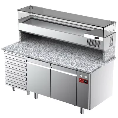 DIAMOND - Table frigorifique ventilée 2 portes 7 tiroirs avec vitrine refrigérée 1800x380x410 plan granit