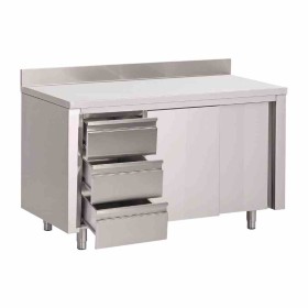 GASTRO M - Table armoire inox avec dosseret 3 tiroirs à gauche et portes coulissantes 880x1000x700mm
