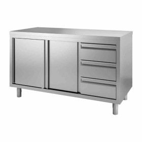 GASTRO M - Table armoire inox avec portes coulissantes et 3 tiroirs à droite 1400 x 700 x 880mm