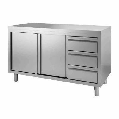 GASTRO M - Table armoire inox avec portes coulissantes et 3 tiroirs à droite 1400 x 700 x 880mm