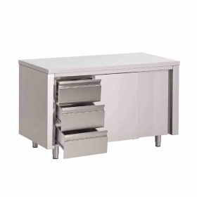 GASTRO M - Table armoire inox avec portes coulissantes et 3 tiroirs à gauche 1500 x 700 x 880mm