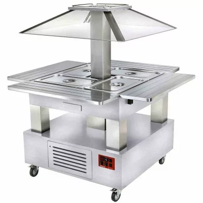 DIAMOND - Ilot buffet chauffant 4 bac GN 1/1 +20°C à 90°C bois blanc avec coupole motorisée